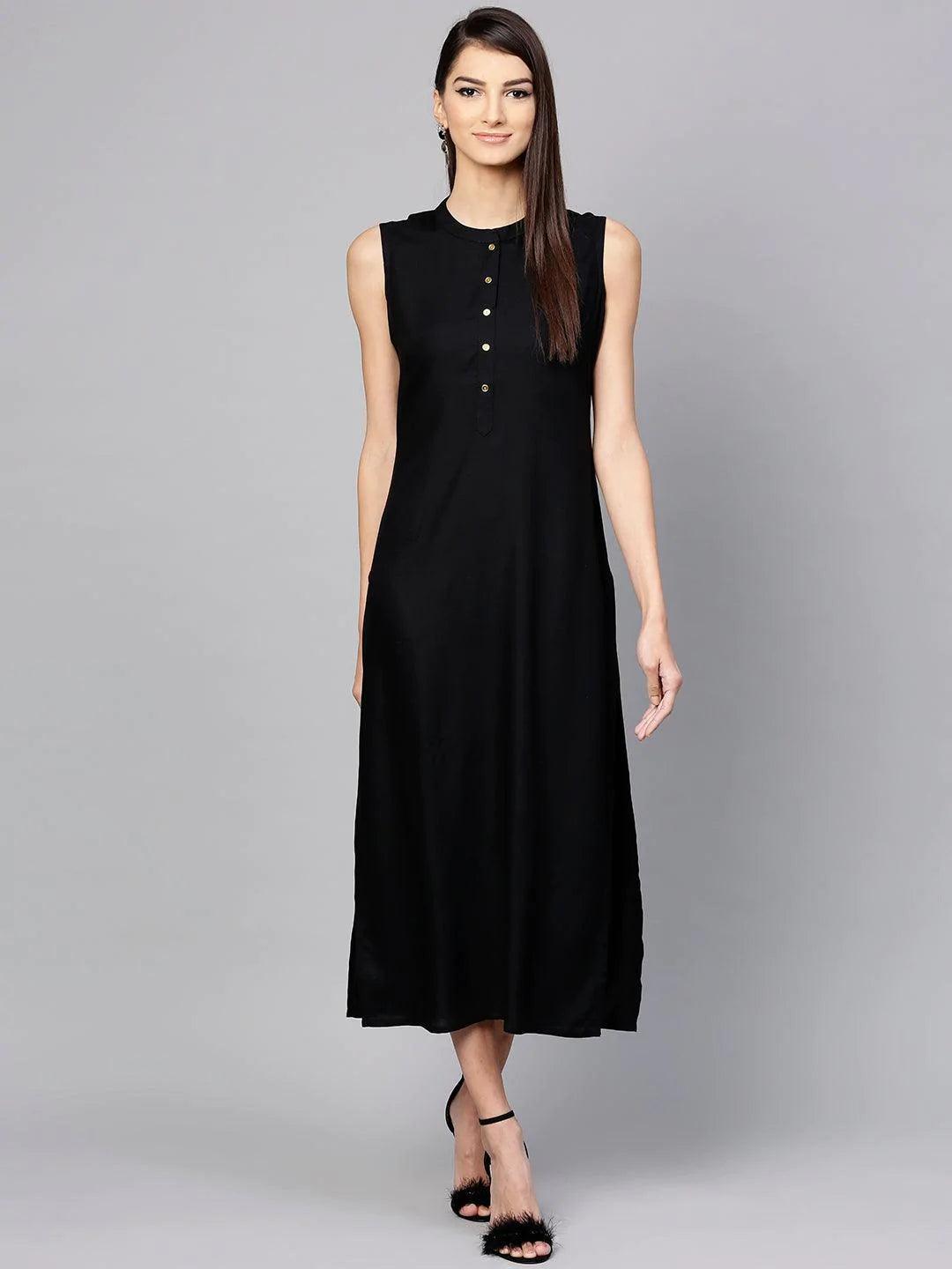 Black Solid Rayon Dress With Shrug