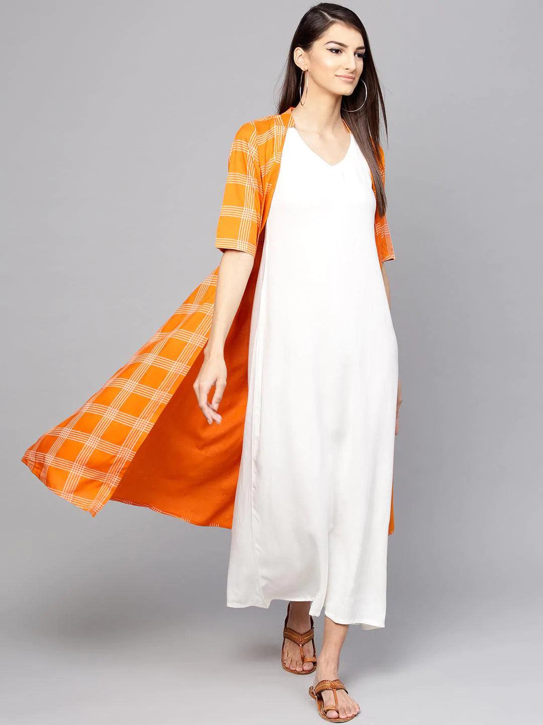 Orange Checkered Rayon Dress With Jacket - ShopLibas