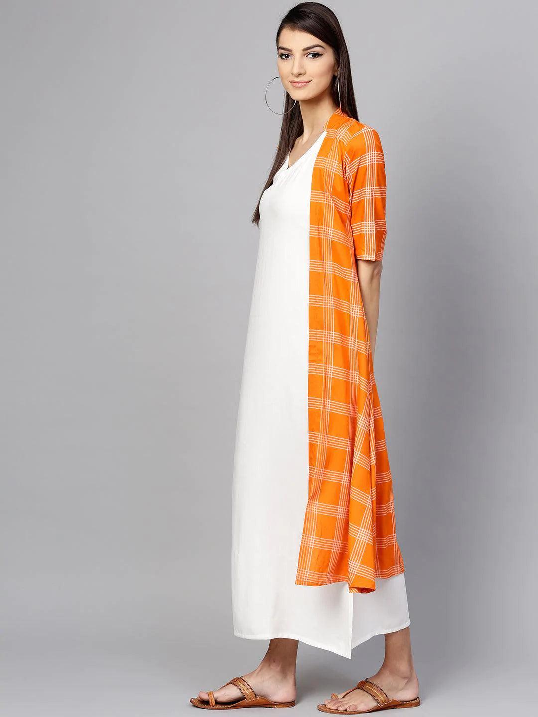 Orange Checkered Rayon Dress With Jacket - ShopLibas