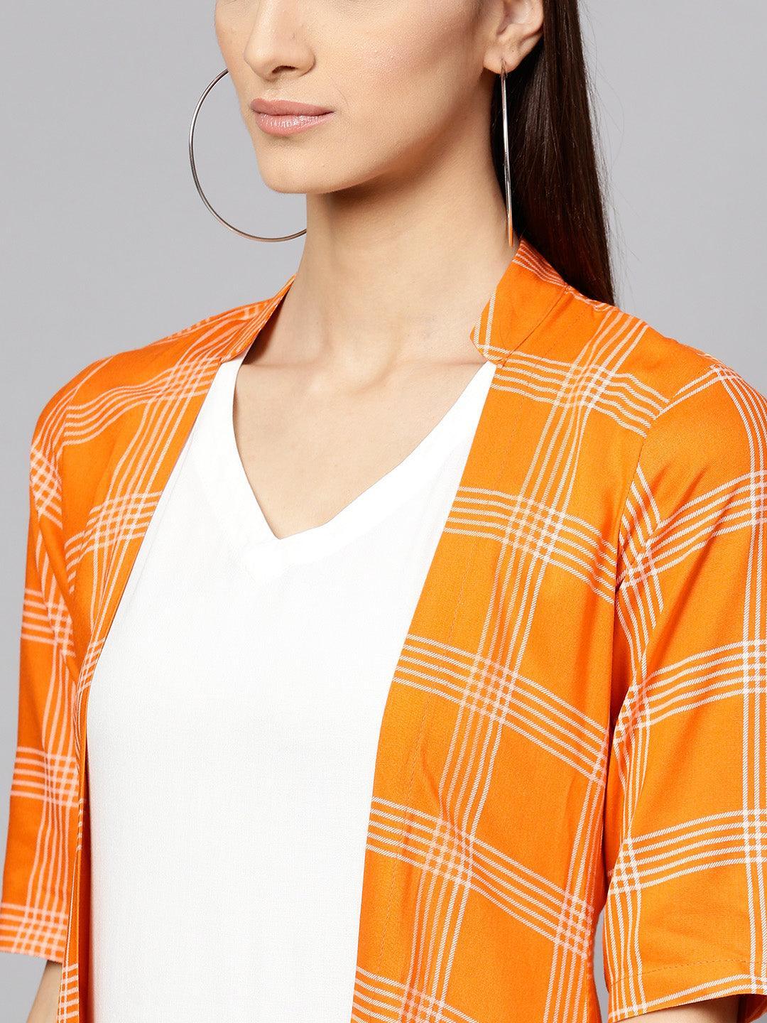 Orange Checkered Rayon Dress With Jacket