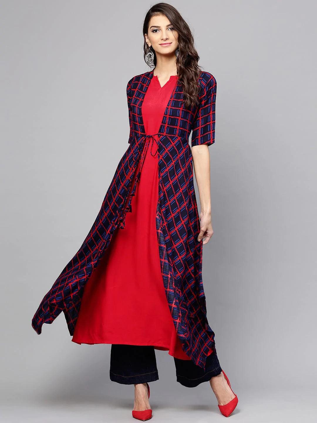 Red Checkered Rayon Kurta With Jacket