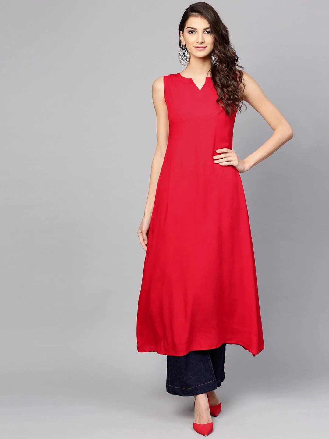 Red Checkered Rayon Kurta With Jacket