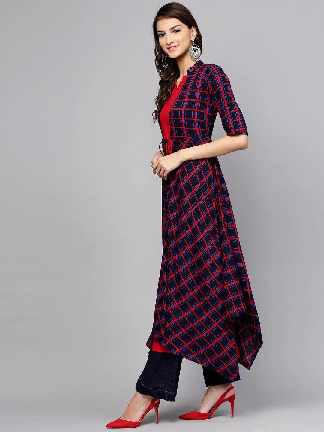 Red Checkered Rayon Kurta With Jacket