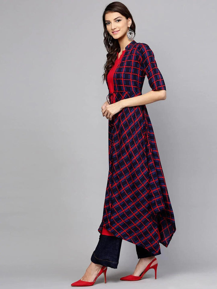 Red Checkered Rayon Kurta With Jacket - ShopLibas