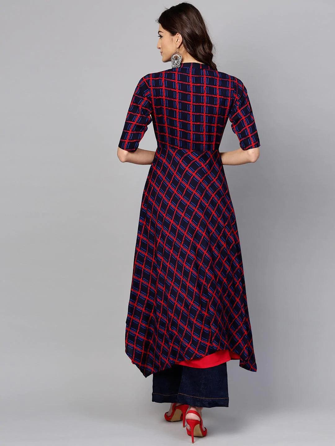 Red Checkered Rayon Kurta With Jacket