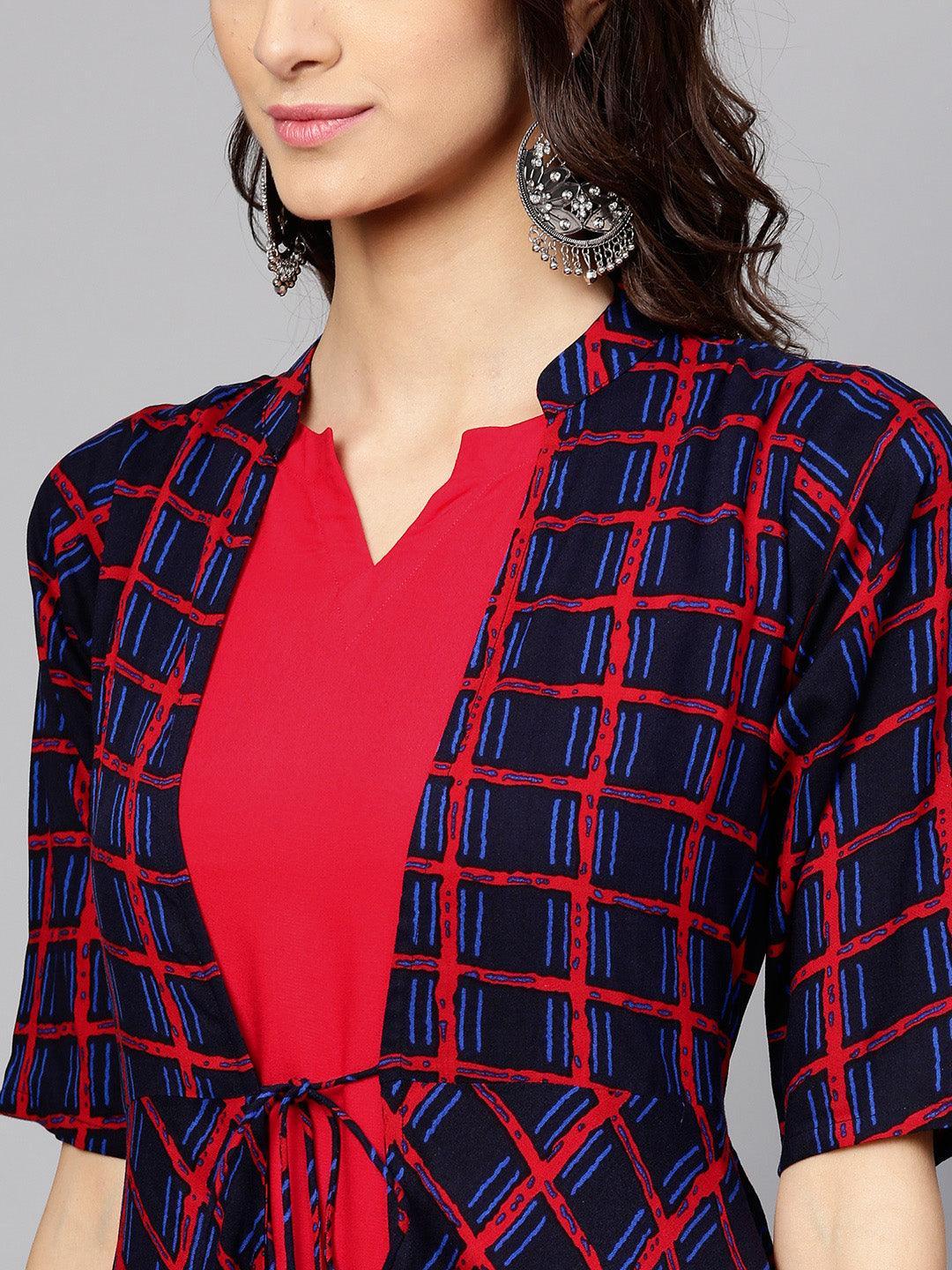 Red Checkered Rayon Kurta With Jacket