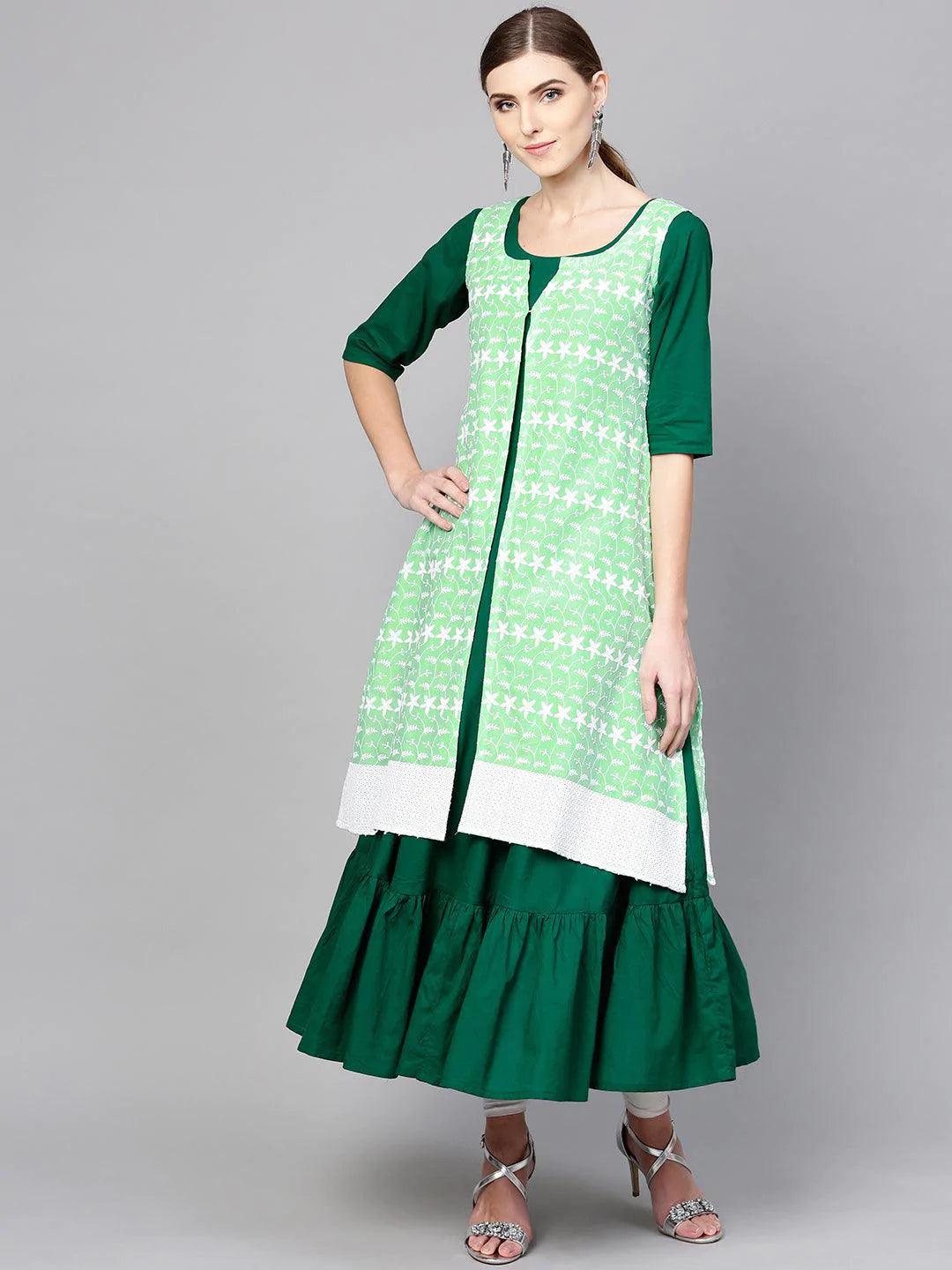 Dark Green Solid Cotton Kurta With Jacket - ShopLibas