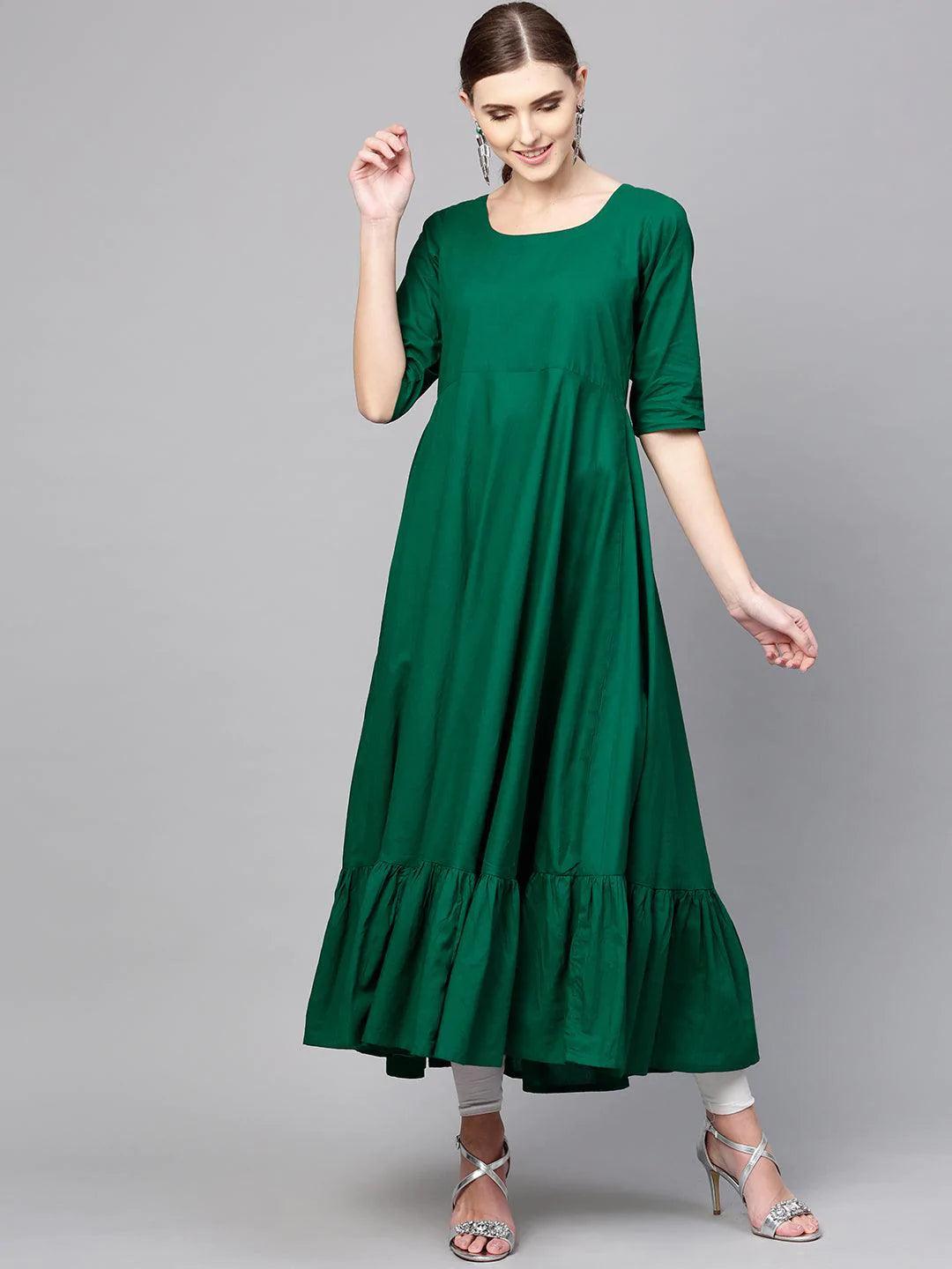 Dark Green Solid Cotton Kurta With Jacket