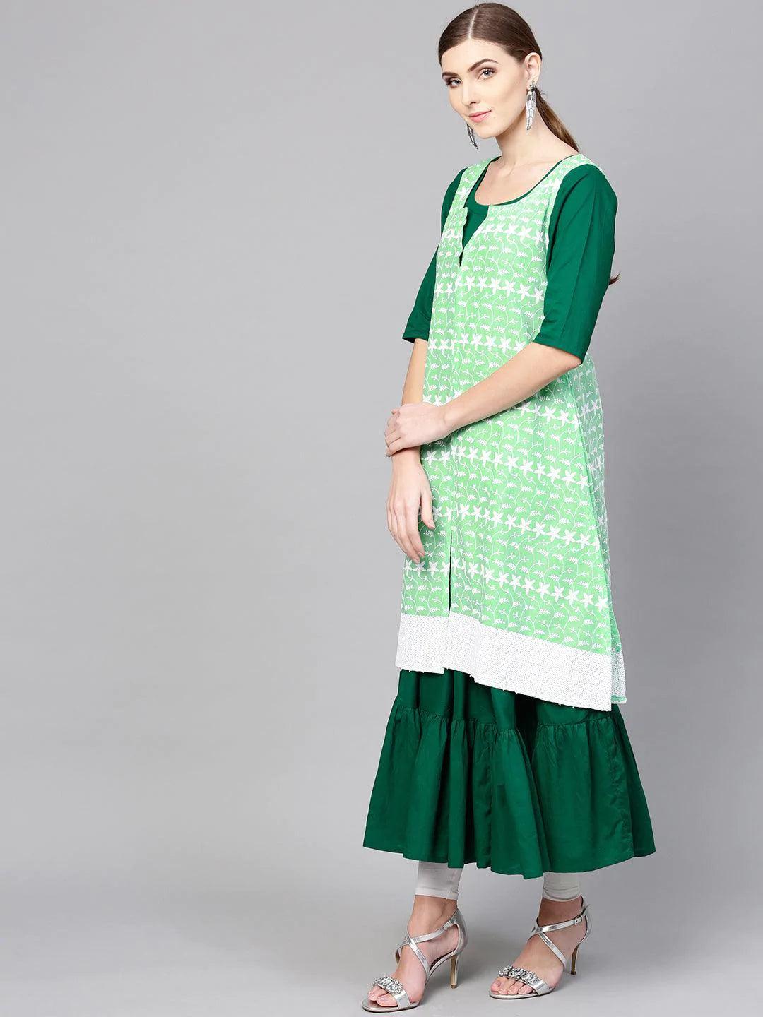 Dark Green Solid Cotton Kurta With Jacket