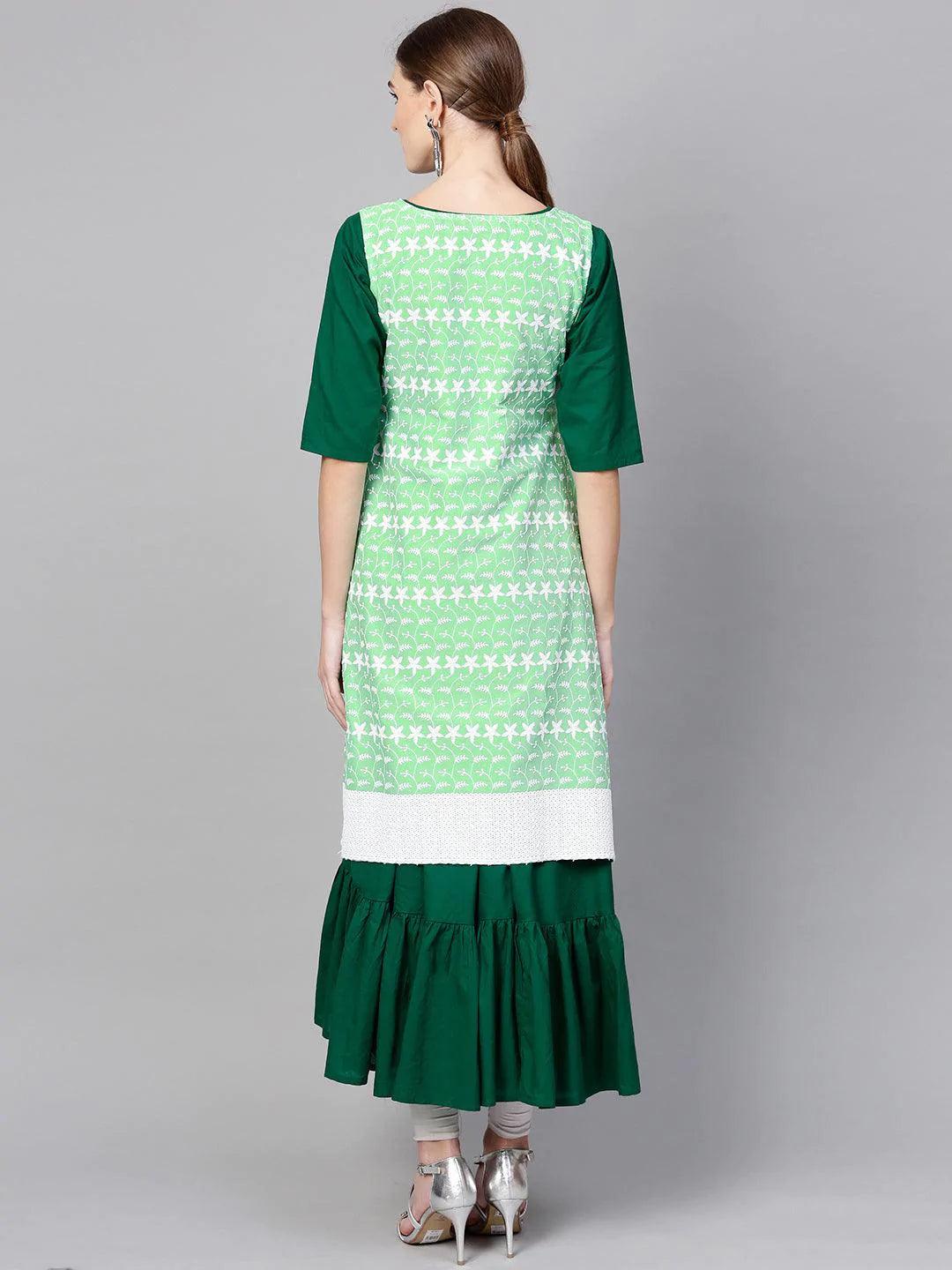 Dark Green Solid Cotton Kurta With Jacket