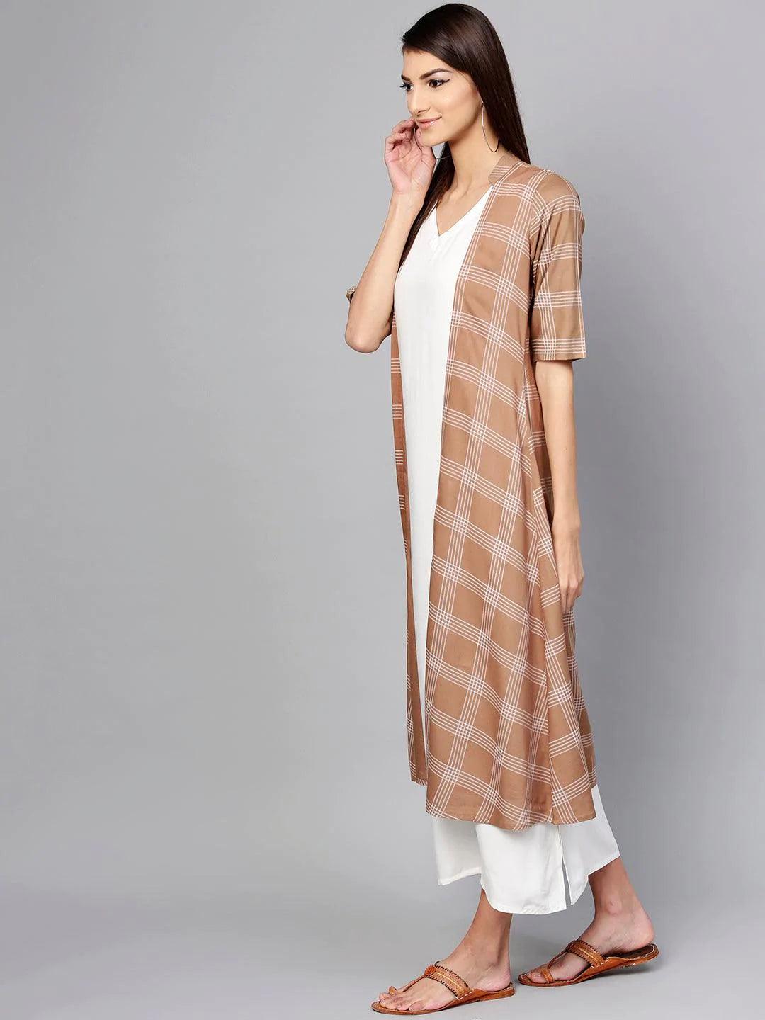 Brown Checkered Rayon Dress With Jacket - ShopLibas