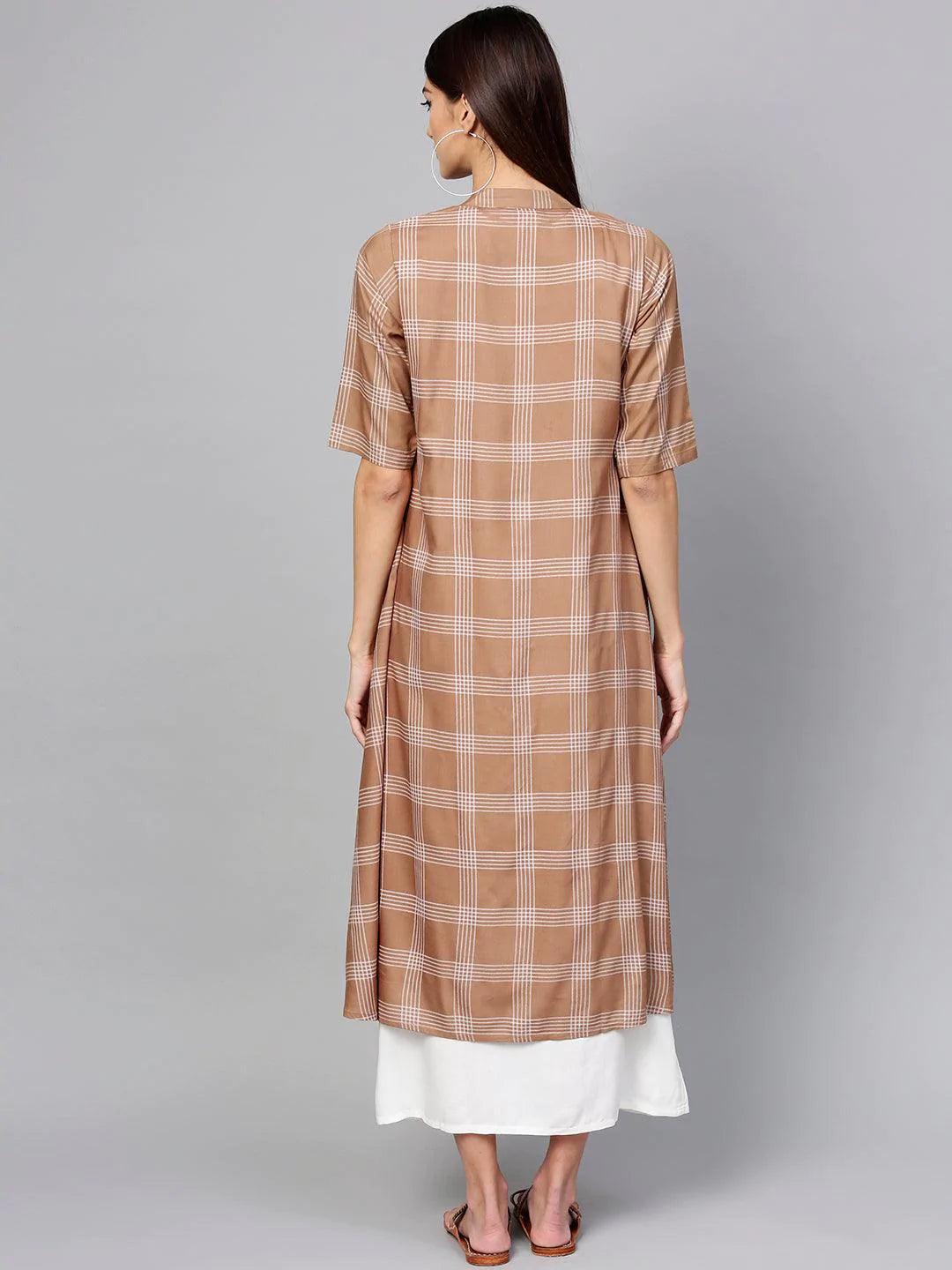 Brown Checkered Rayon Dress With Jacket