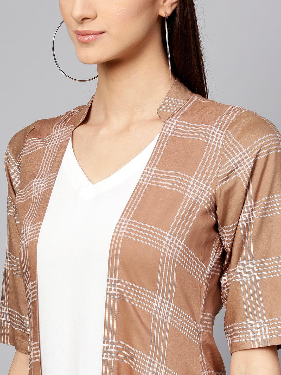 Brown Checkered Rayon Dress With Jacket