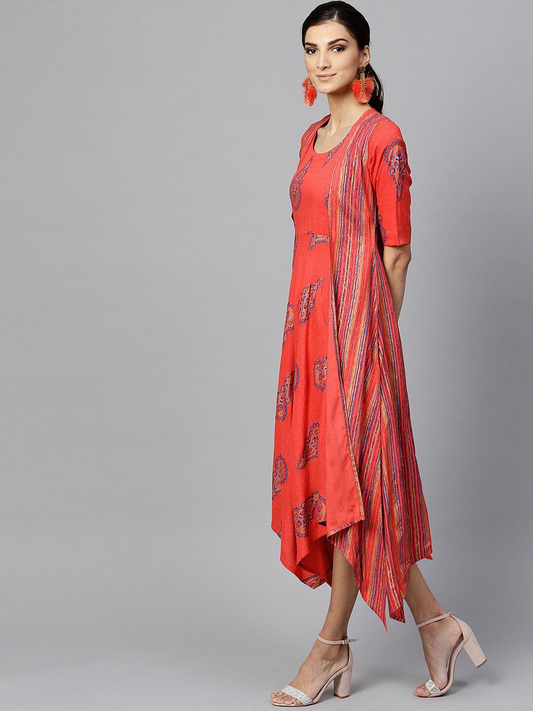 Red Printed Rayon Dress With Jacket