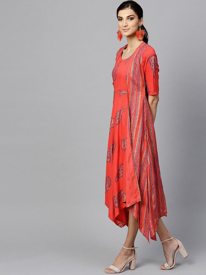 Red Printed Rayon Dress With Jacket - ShopLibas