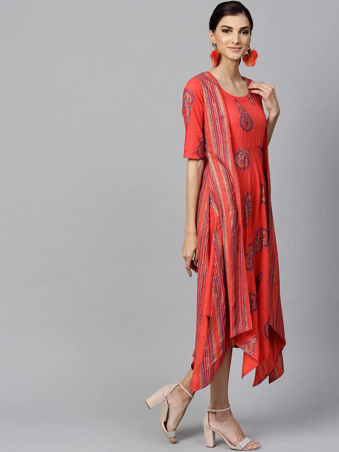 Red Printed Rayon Dress With Jacket