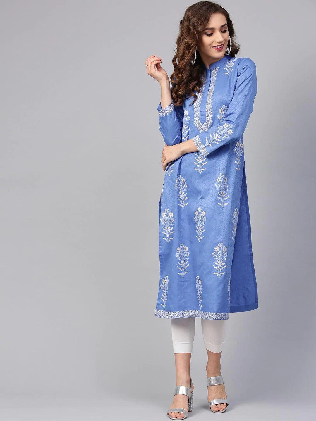 Blue Printed Cotton Kurta