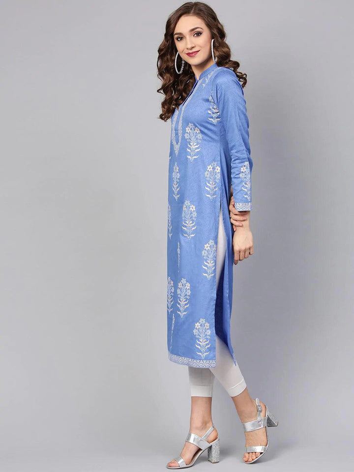 Blue Printed Cotton Kurta - ShopLibas