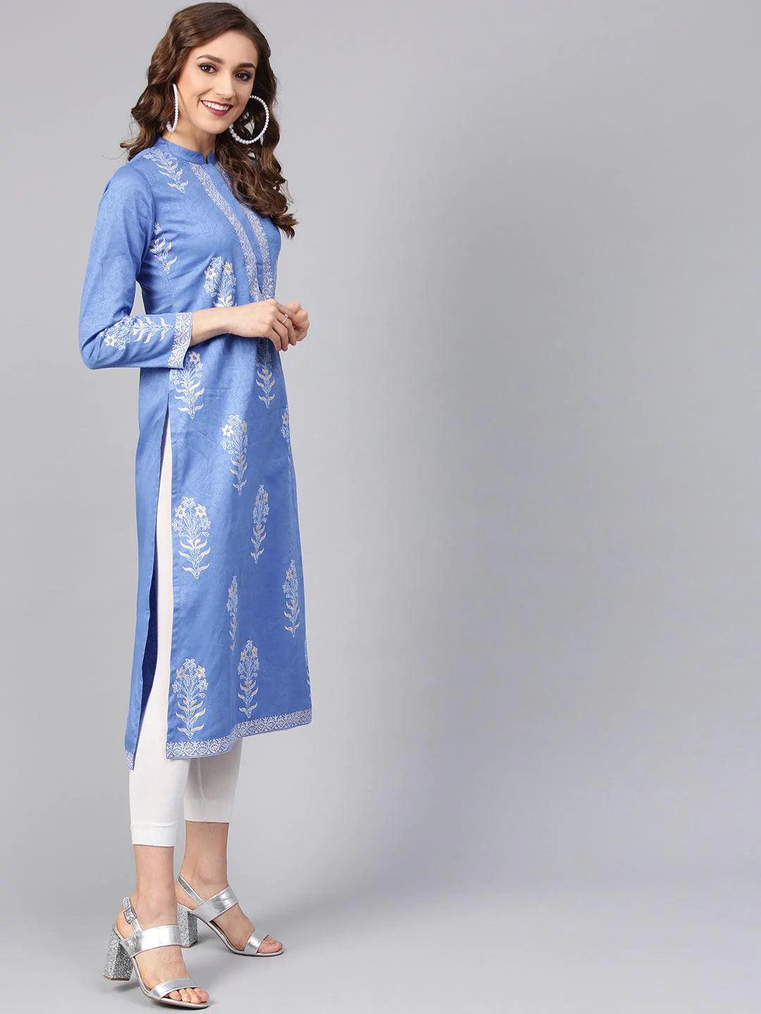 Blue Printed Cotton Kurta