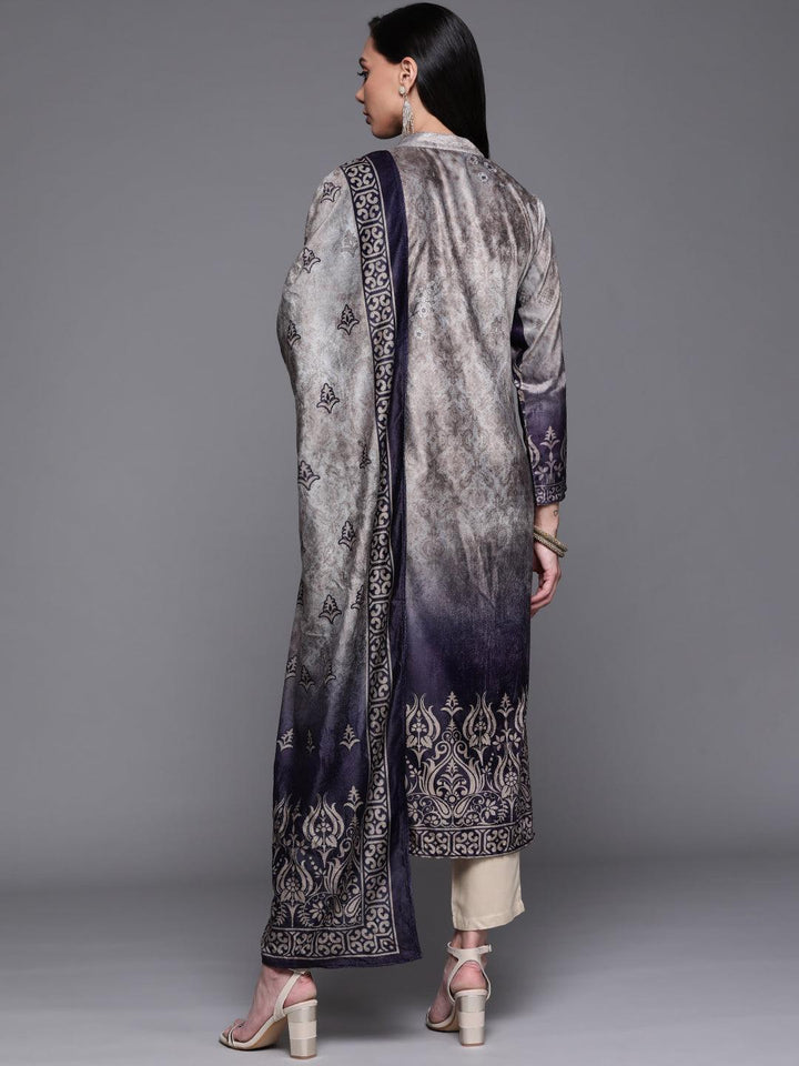 Grey Printed Velvet Suit Set - ShopLibas