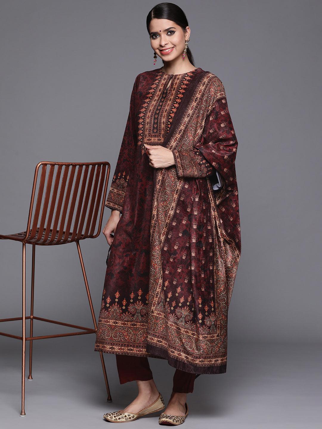 Maroon Printed Velvet Suit Set - ShopLibas