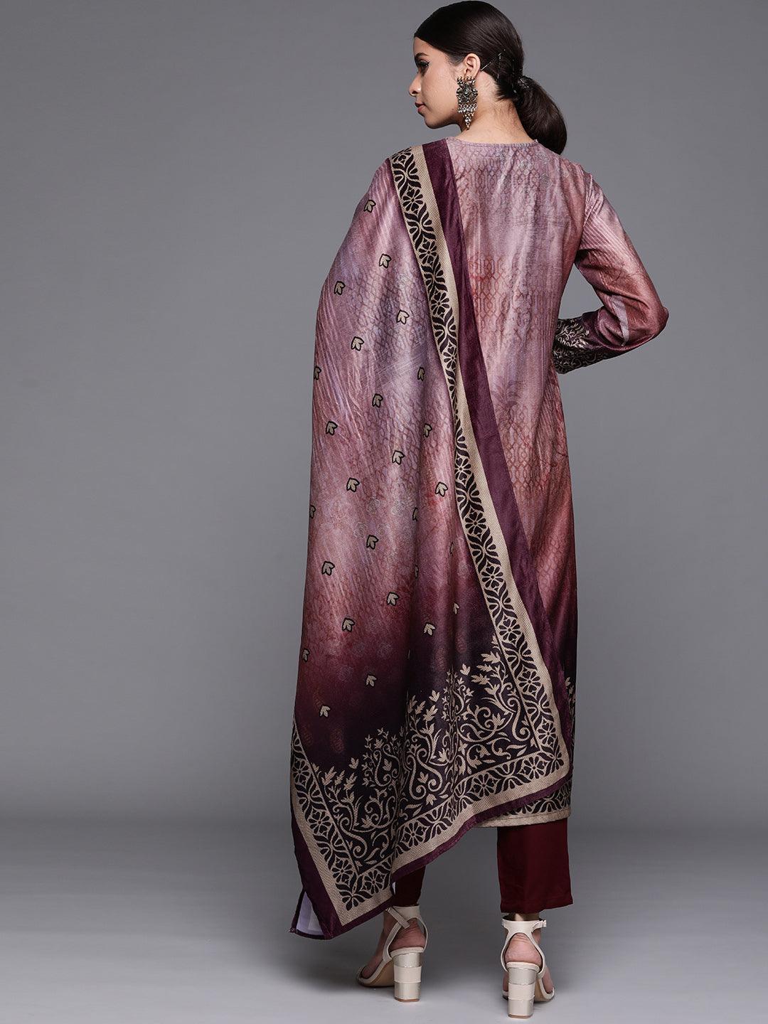 Mauve Printed Velvet Suit Set - ShopLibas