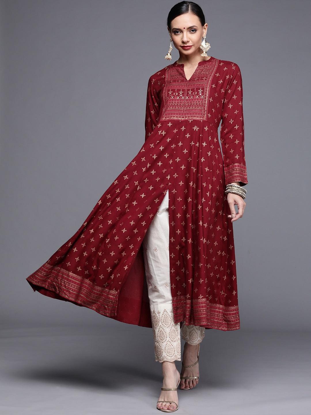 Maroon Printed Rayon Kurta - ShopLibas