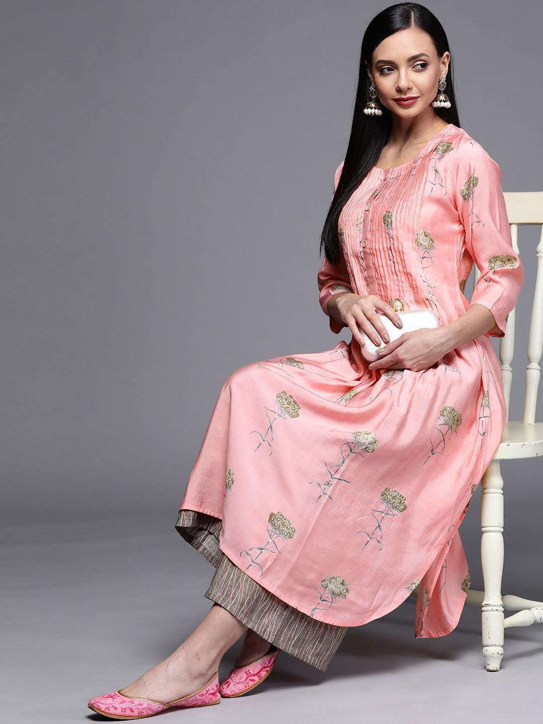 Pink Printed Chanderi Silk Kurta - ShopLibas