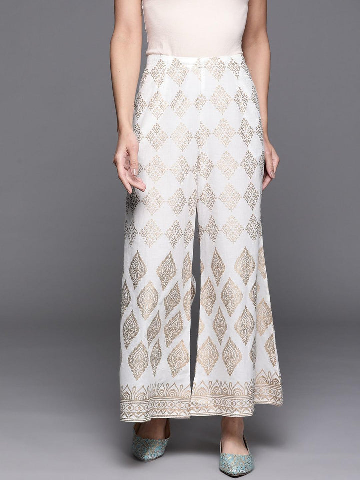 White Printed Cotton Palazzos - ShopLibas