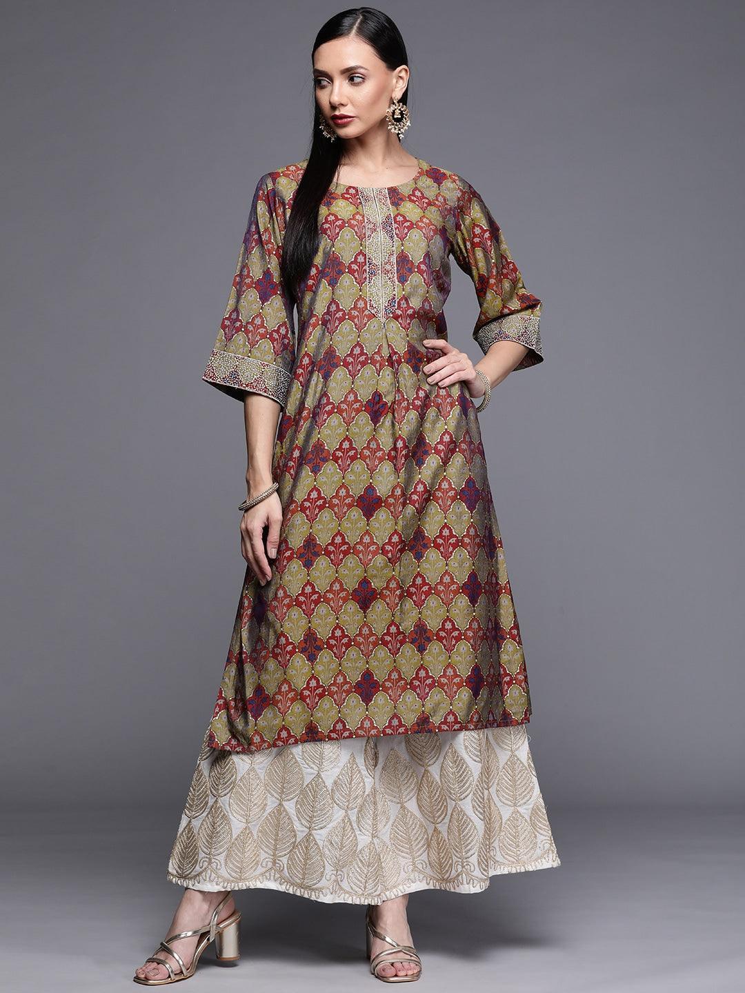 Multicoloured Printed Chanderi Silk Kurta - ShopLibas