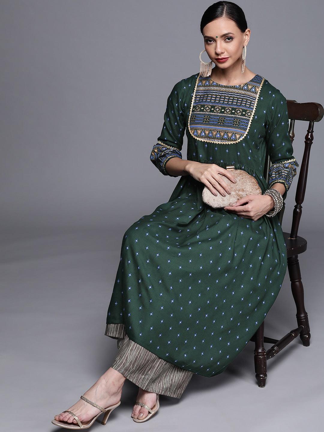 Green Printed Rayon Kurta - ShopLibas