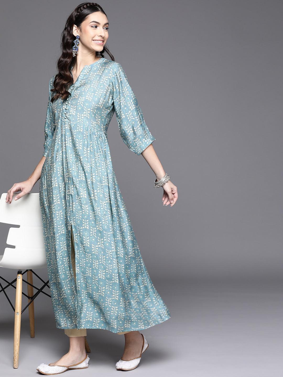 Blue Printed Chanderi Silk Kurta