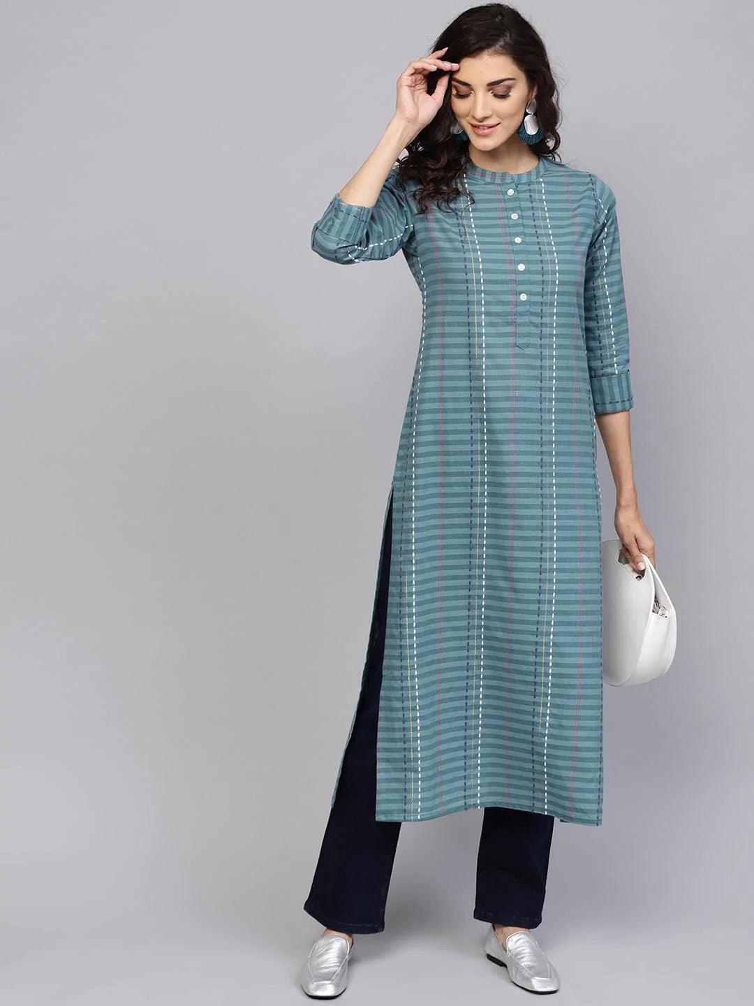 Grey Striped Cotton Kurta - ShopLibas