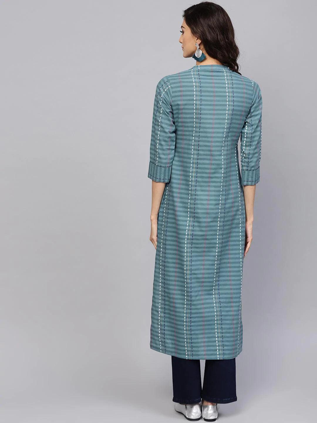 Grey Striped Cotton Kurta