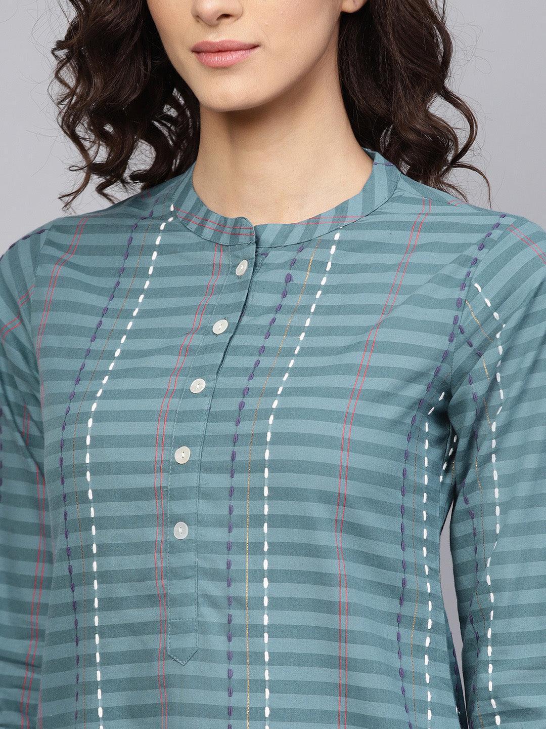 Grey Striped Cotton Kurta