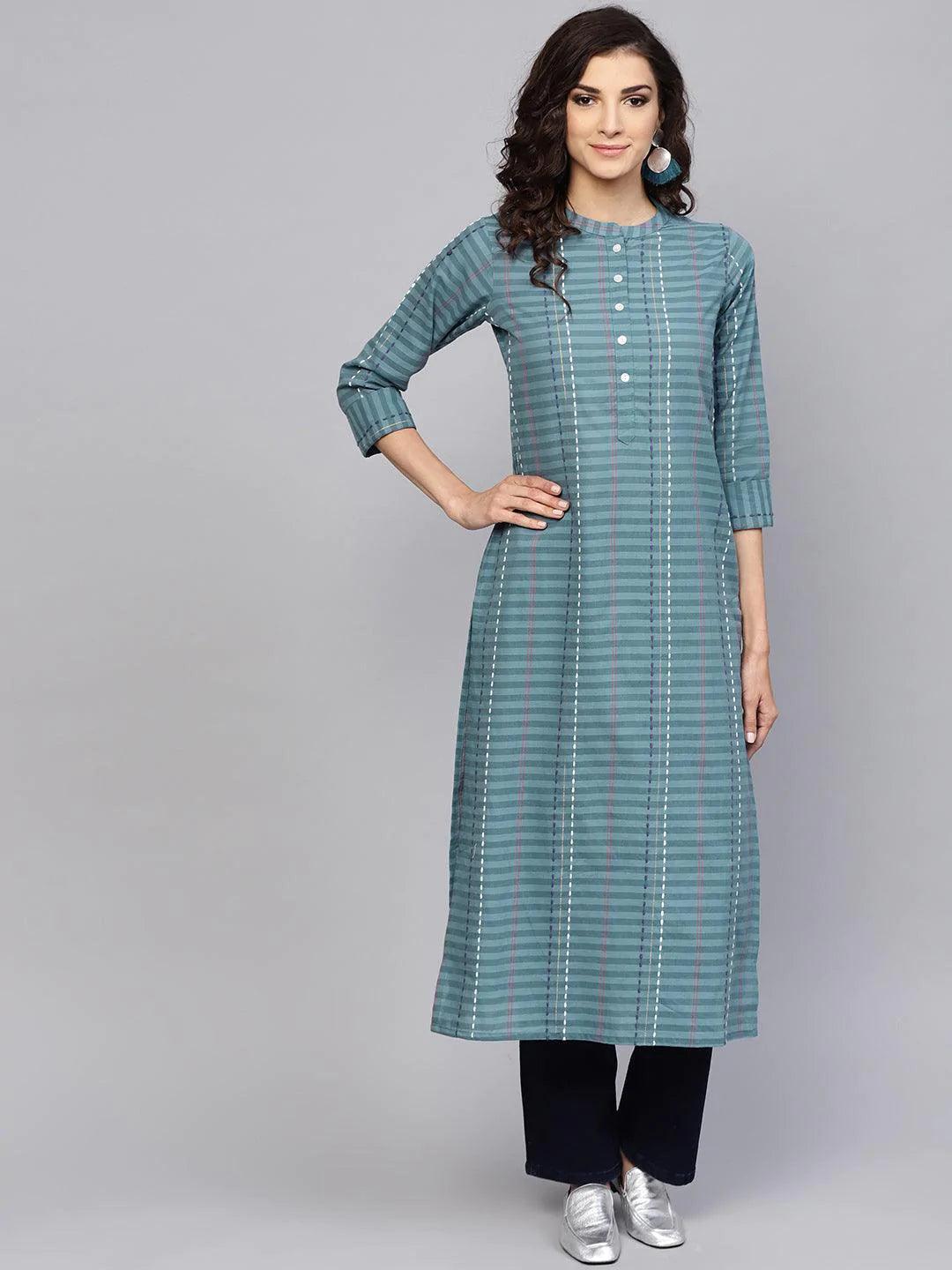 Grey Striped Cotton Kurta