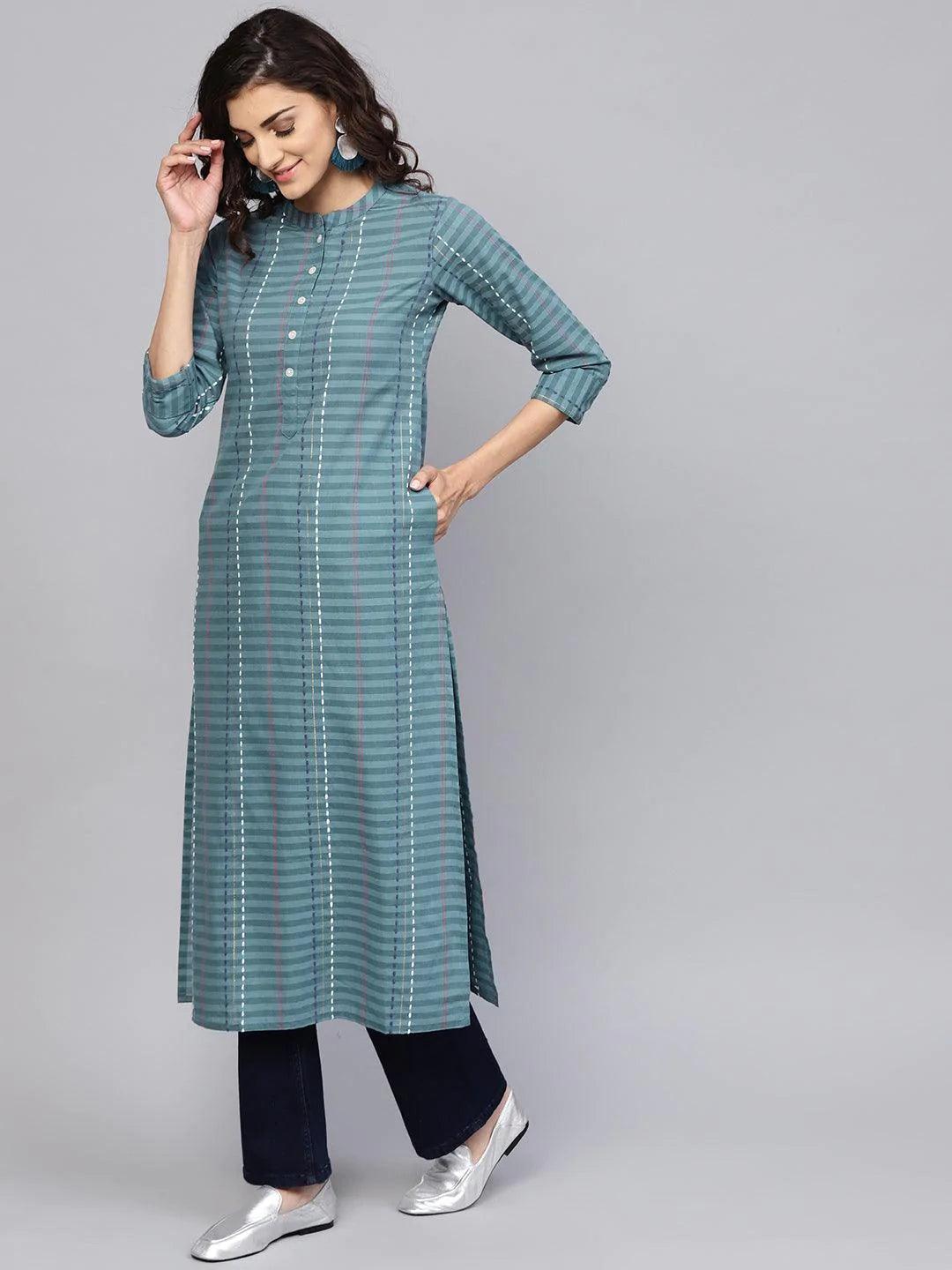 Grey Striped Cotton Kurta - ShopLibas