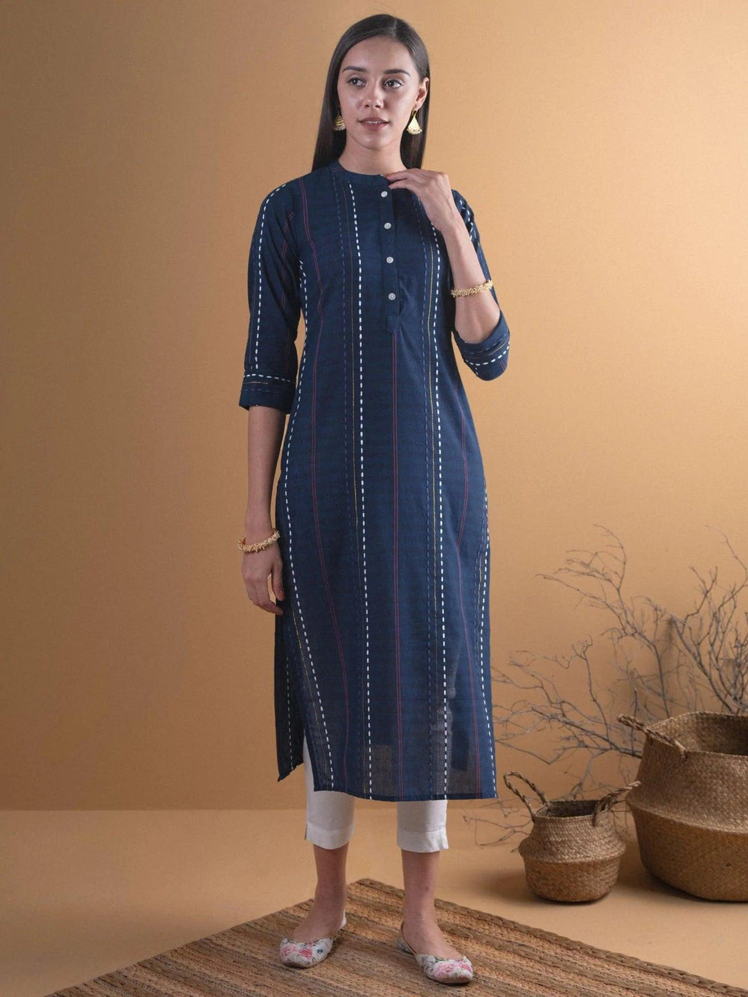 Navy Blue Striped Cotton Kurta - ShopLibas