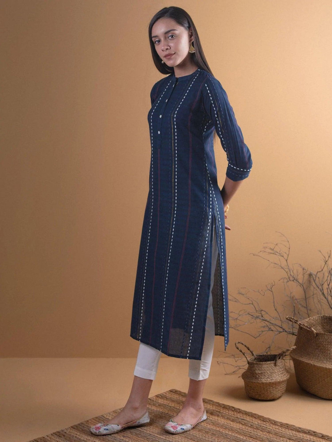 Navy Blue Striped Cotton Kurta - ShopLibas