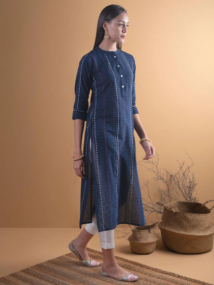 Navy Blue Striped Cotton Kurta - ShopLibas