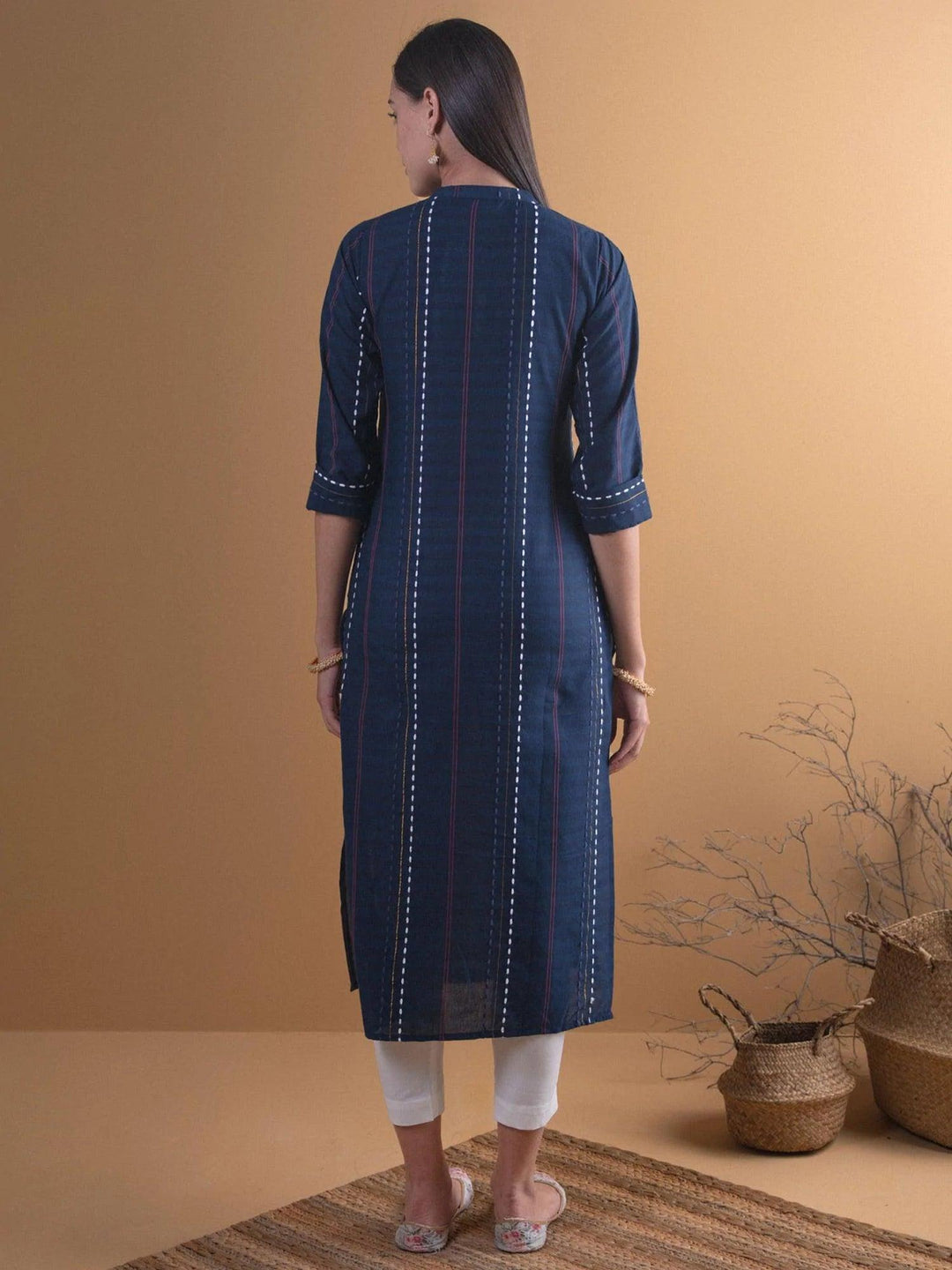 Navy Blue Striped Cotton Kurta - ShopLibas