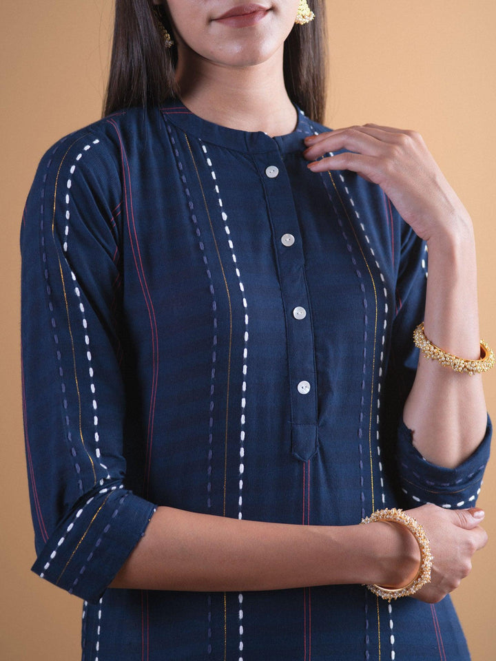 Navy Blue Striped Cotton Kurta - ShopLibas