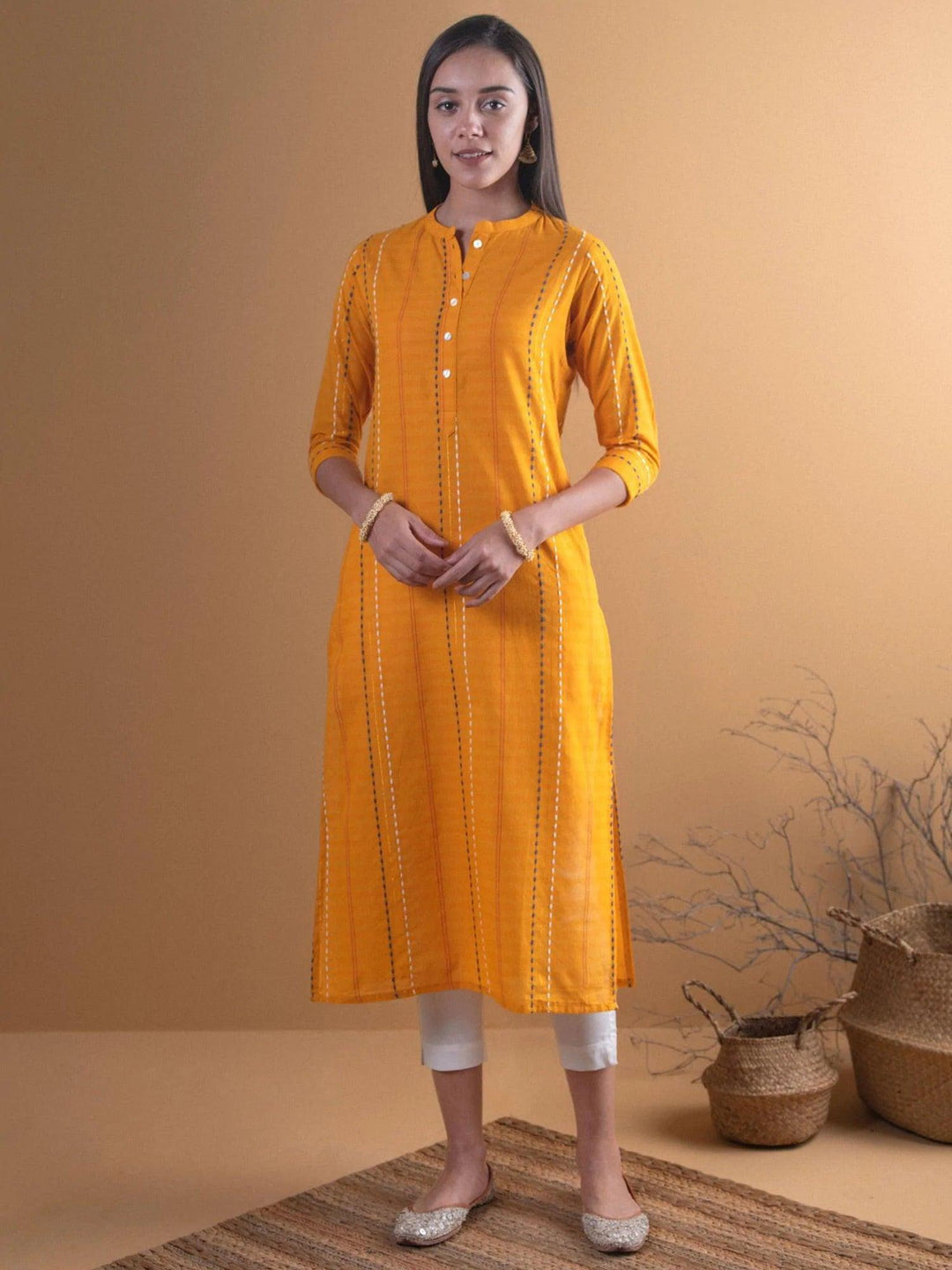 Mustard Striped Cotton Kurta - ShopLibas