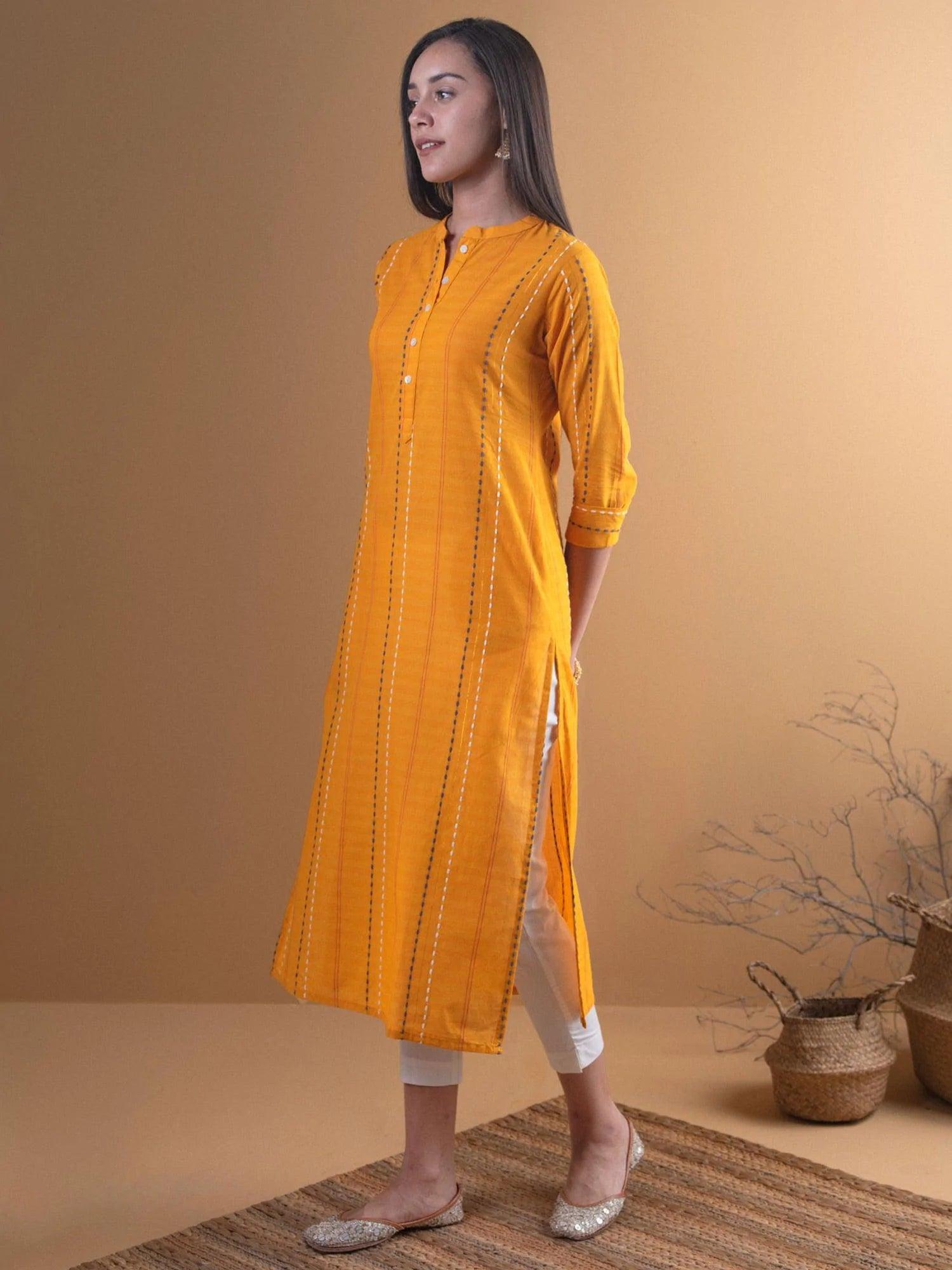 Mustard Striped Cotton Kurta