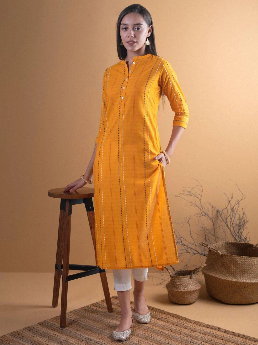 Mustard Striped Cotton Kurta - ShopLibas