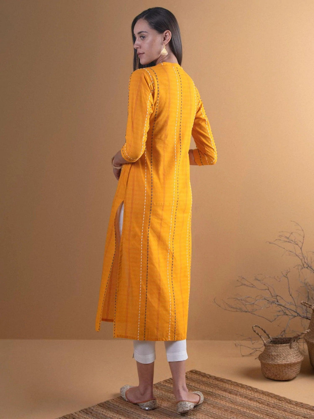 Mustard Striped Cotton Kurta - ShopLibas