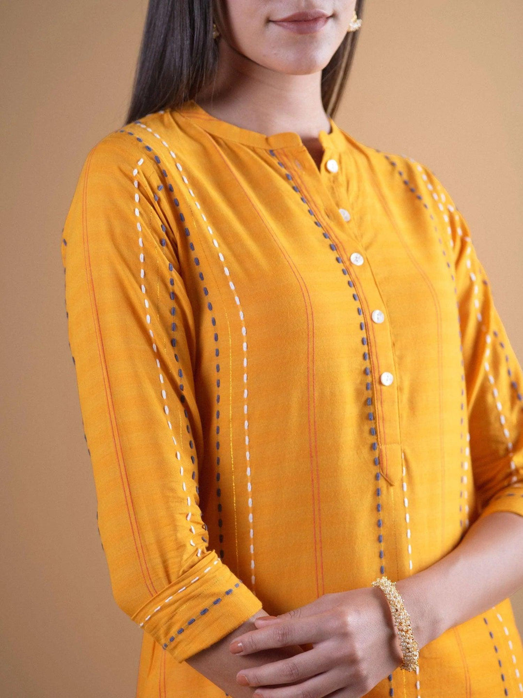 Mustard Striped Cotton Kurta - ShopLibas