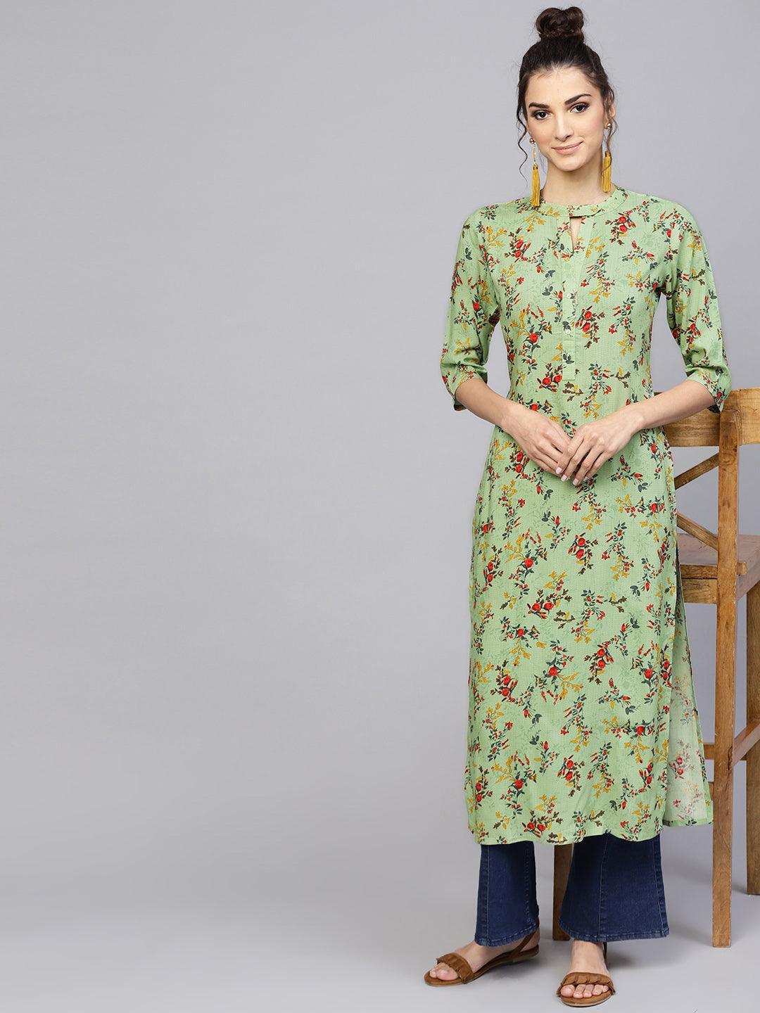 Green Printed Rayon Kurta