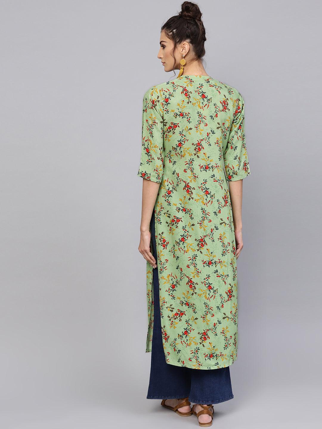 Green Printed Rayon Kurta