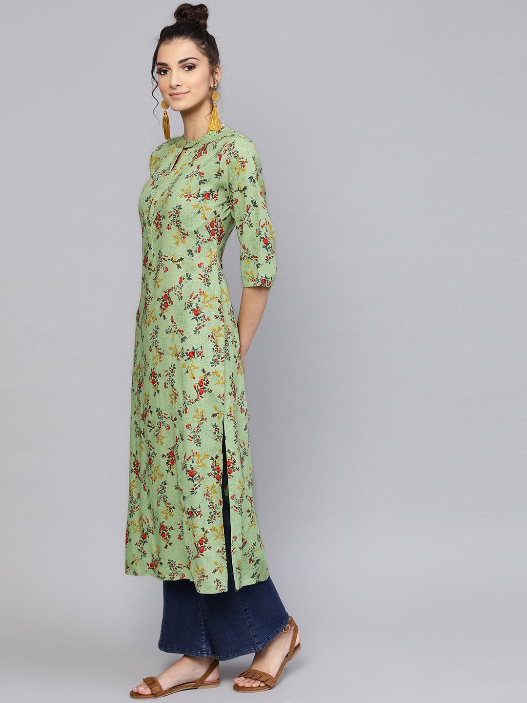 Green Printed Rayon Kurta